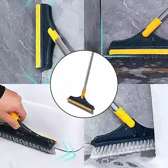 Cleaning tool with squeegee and brush attachment being used on a glass surface.