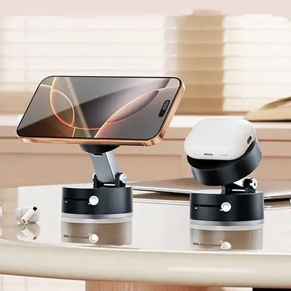 Phone and AirPods on a stand with a blurred background