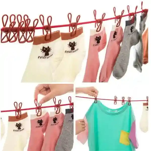 Collage of clotheslines with various items including socks and a shirt.