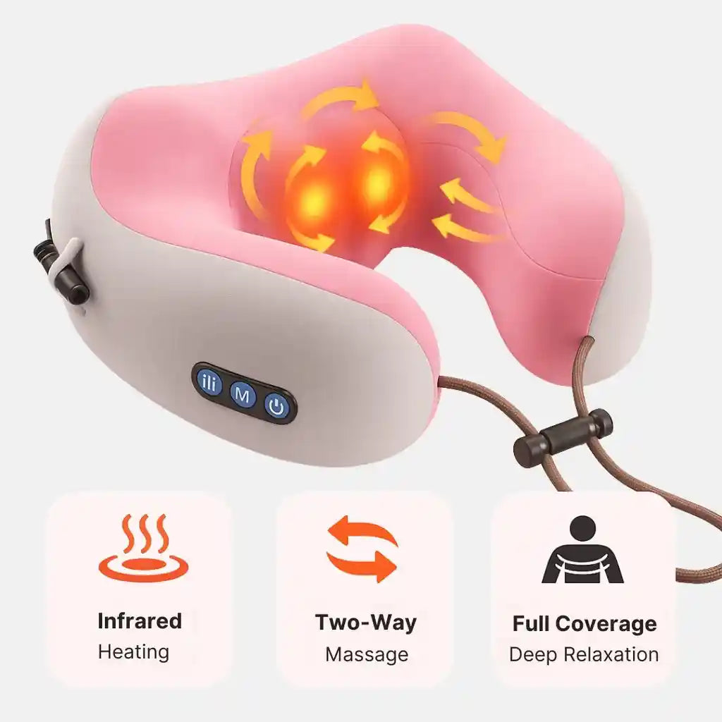 Neck massager with infrared heating and massage features on a white background