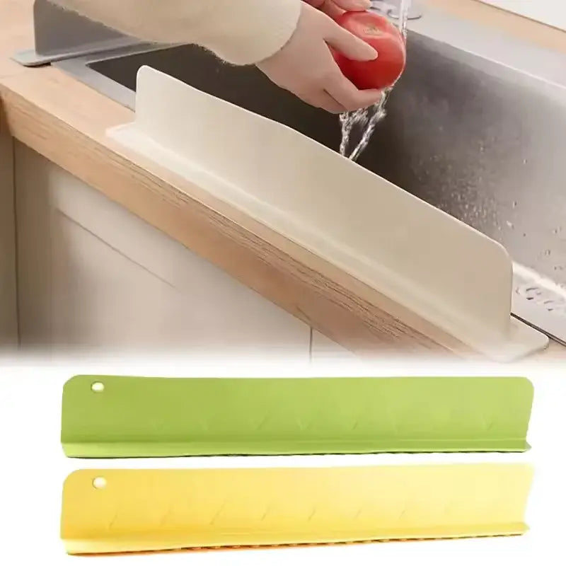 Kitchen sink with a white cutting board and two colorful mats below.