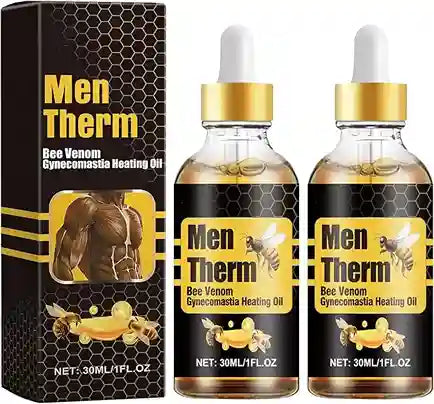 Men Therm Bee Venom Gynecomastia Healing Oil packaging with two bottles and a box.