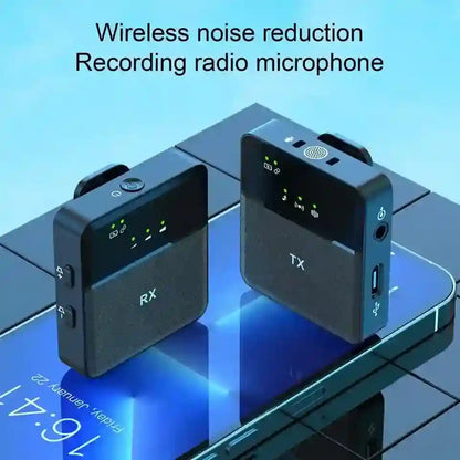 Two wireless recording devices labeled 'TX' and 'RX' on a reflective surface with a blue gradient background.