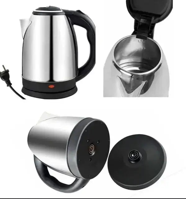 Stainless steel electric kettle with close-up details on a white background