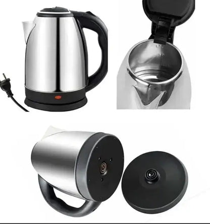 Stainless steel electric kettle with close-up details on a white background