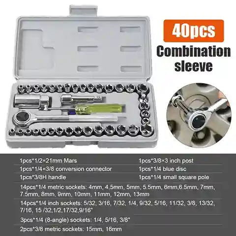 40-piece combination sleeve tool set with open case and close-up of tool, including specifications.