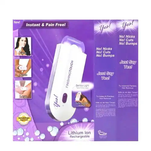 Packaging of a hair removal device with purple background and white device