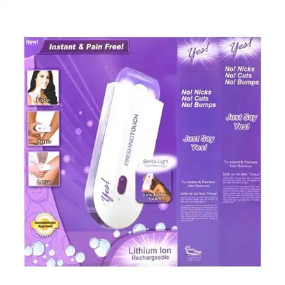 Packaging of a hair removal device with purple background and white device