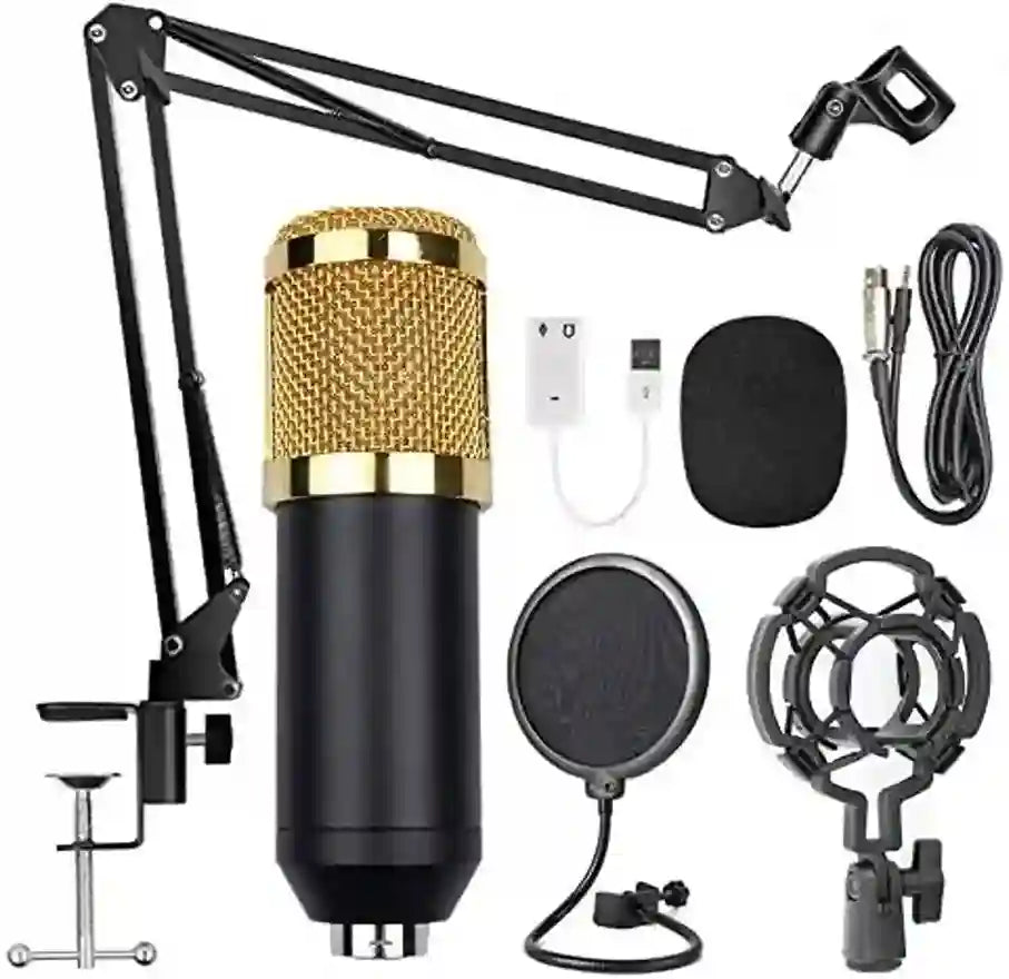 Studio microphone kit with gold condenser microphone, stand, pop filter, and cable on a white background