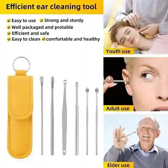 Ear cleaning tool set with yellow case and multiple uses for different age groups.