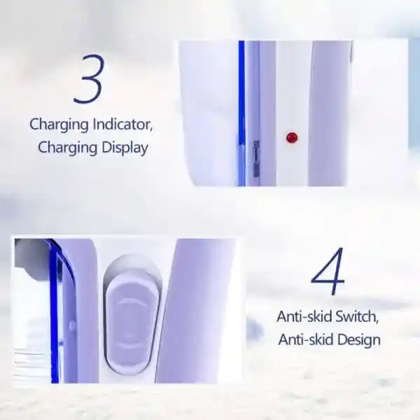 Product features with charging indicator, anti-skid switch, and design elements on a white background.