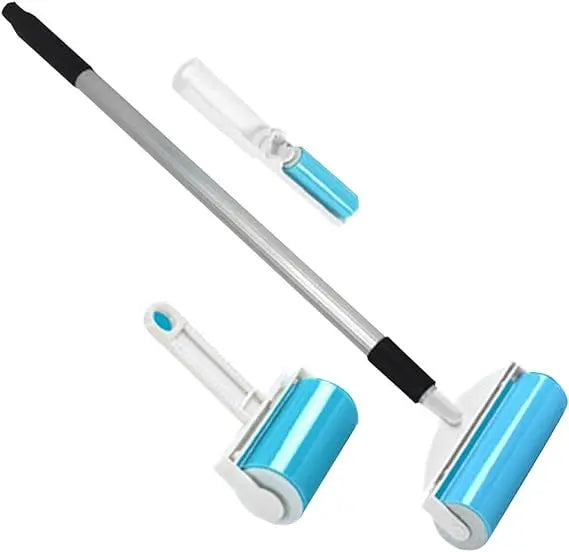 Cleaning tool with a telescopic handle and blue roller on a white background