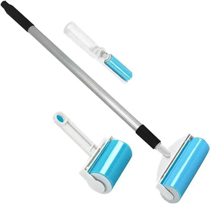 Cleaning tool with a telescopic handle and blue roller on a white background
