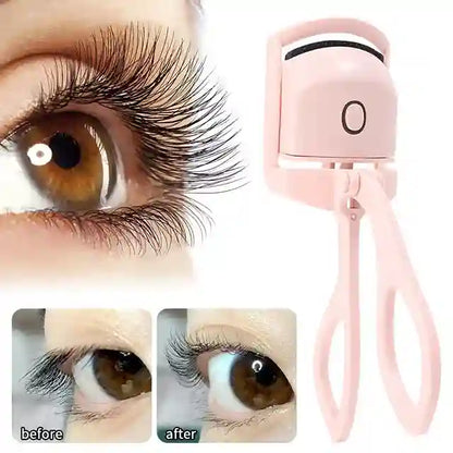 Eyelash curler with before and after effects on an eye