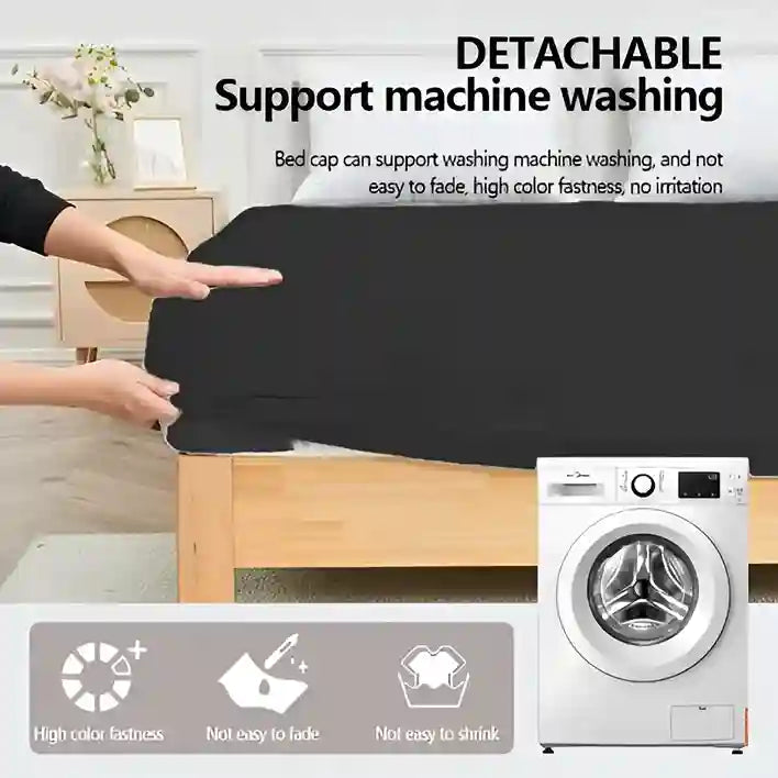 Black bed cap being placed on a bed with washing machine illustration and text about detachable support machine washing.