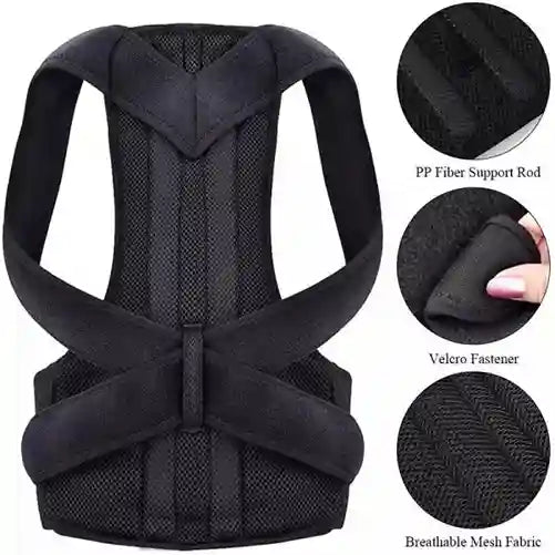 Black back support brace with close-up details on fabric, support rod, and fastener.