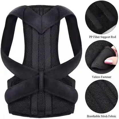 Black back support brace with close-up details on fabric, support rod, and fastener.