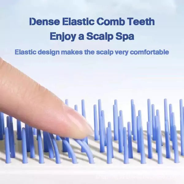 Hand using a blue scalp comb with text highlighting its comfort and design.