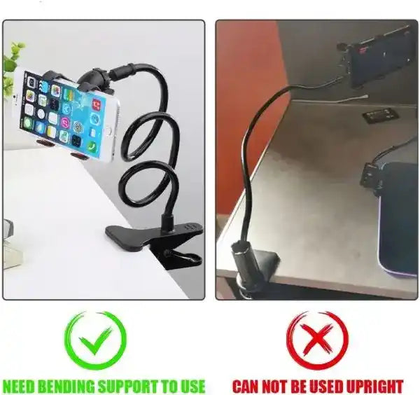 Phone holder with a clip on a desk, showing correct and incorrect usage.