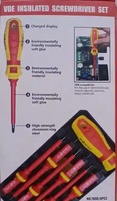 VDE insulated screwdriver set with features highlighted on a red background