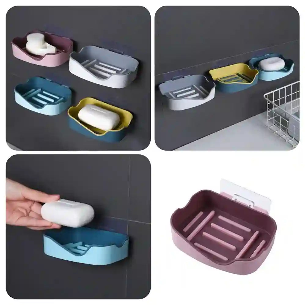 Collage of soap holders in various colors with a soap on a dark surface.