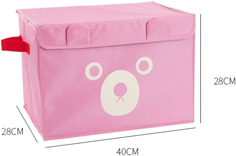 Pink storage box with a bear face design and dimensions on a white background