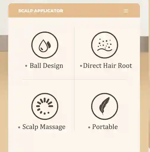 Features of a scalp applicator displayed with icons and text on a beige background.