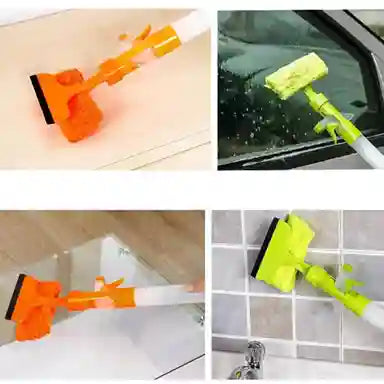 Set of cleaning tools including a squeegee and brush for windows and surfaces.