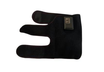 Black glove with a brand label on a white background
