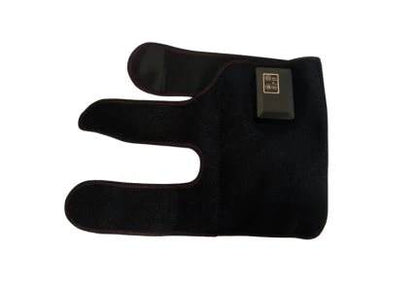 Black glove with a brand label on a white background