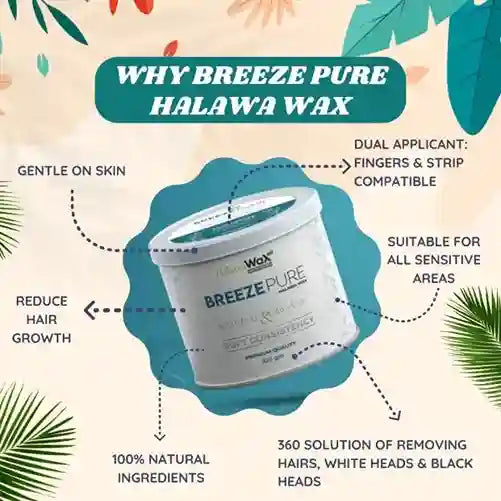 Breeze Pure Halawa Wax container with features listed on a decorative background