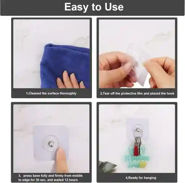 Step-by-step guide on how to use a hook with images of cleaning, removing protective film, pressing base, and hanging a keychain.