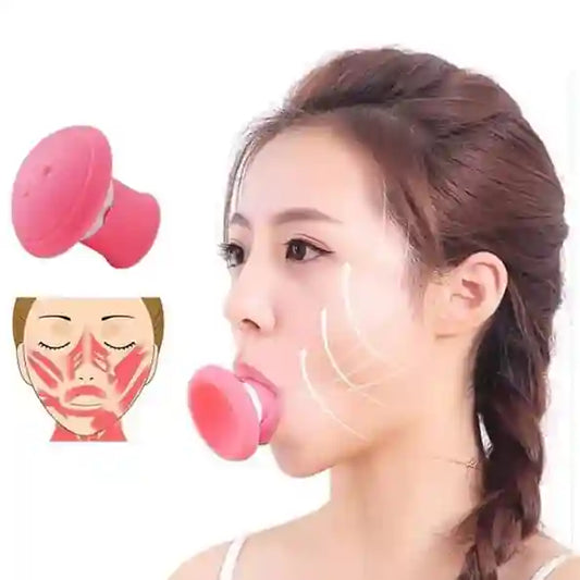 Woman using a pink facial massager with inset showing facial muscle diagram.