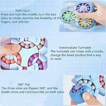 Colorful fidget spinner with text instructions on how to use it.