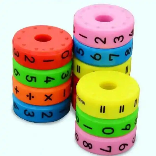 Colorful mathematical symbol and number foam rings on a white background