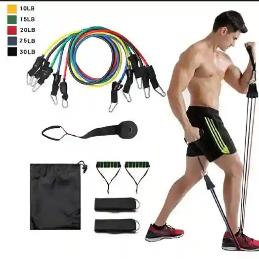 Man exercising with resistance bands and poles on a white background
