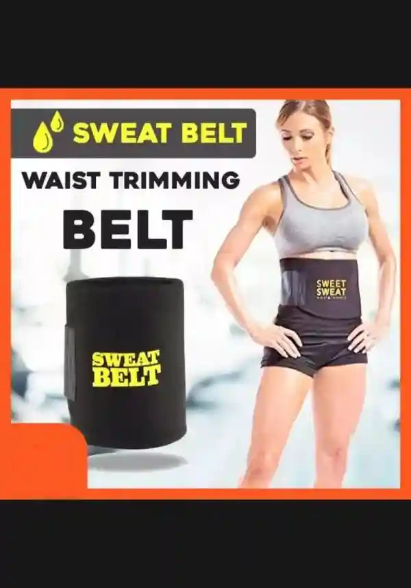 Sweat belt product with a woman modeling it against a blurred background