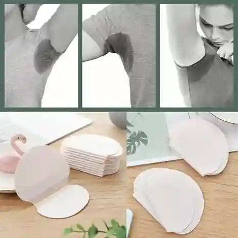 Deodorant patches on a table with a woman applying them to her armpit.