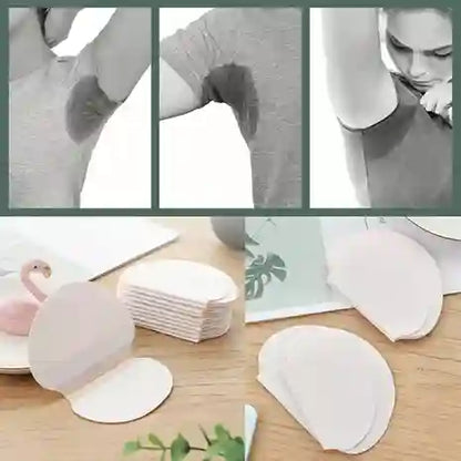 Deodorant patches on a table with a woman applying them to her armpit.