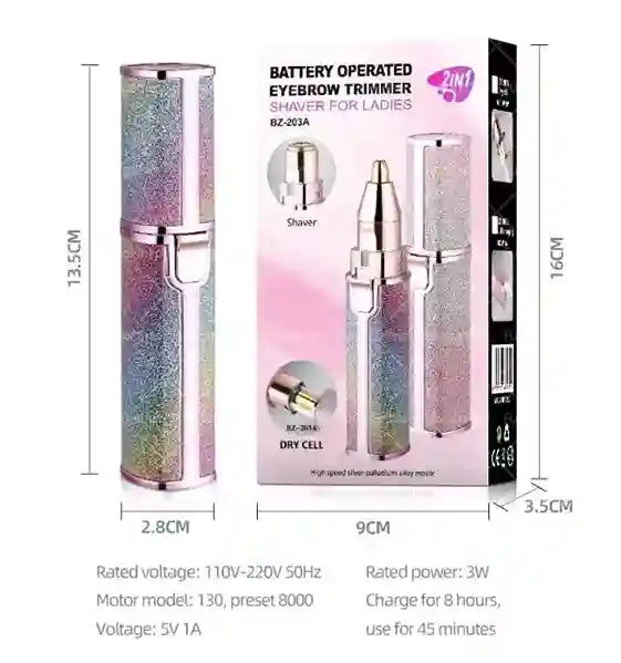 Battery operated eyebrow trimmer with packaging and dimensions on a white background