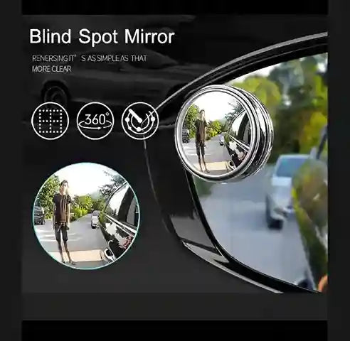 Blind spot mirror with car reversing scenario on a black background