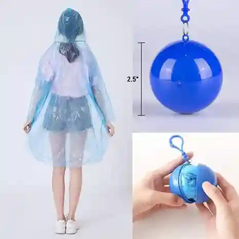 Blue raincoat, blue ball with measurement, and person holding blue ball with keychain.