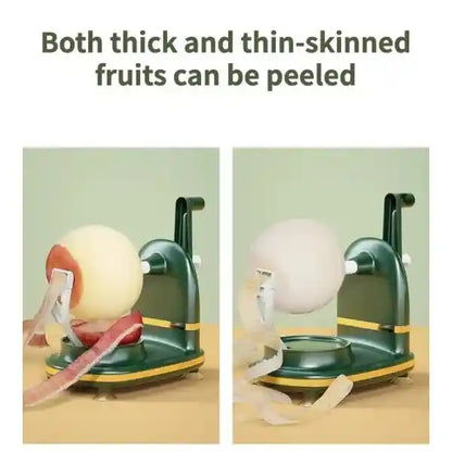 Two images showing a fruit peeler with apples being peeled.