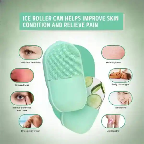 Green ice roller with benefits listed on a light green background