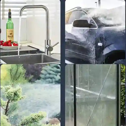 Collage of four images: kitchen sink, car washing, nature scene, and window cleaning.