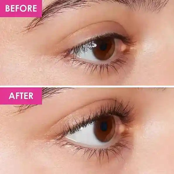 Before and after comparison of an eye with cosmetic effects applied.