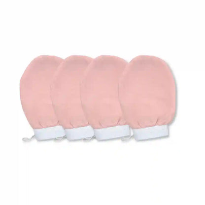 Set of four pink gloves with white cuffs on a white background