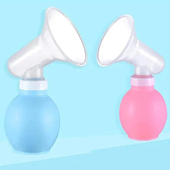Two manual breast pumps, one blue and one pink, on a light blue background.