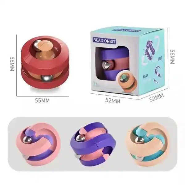 Bead Orbit fidget spinner with packaging and measurements on a white background