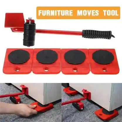 Furniture moves tool with red baseplates and black rollers on a gray floor.